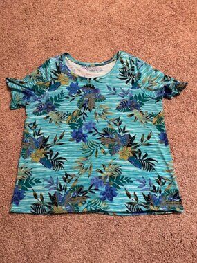 Catherines Teal Palm/Floral Crew Neck Short Sleeve Shirt – 0x